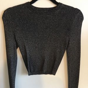 A.L.C. Black/Silver Sparkly Cropped Knit Top Small